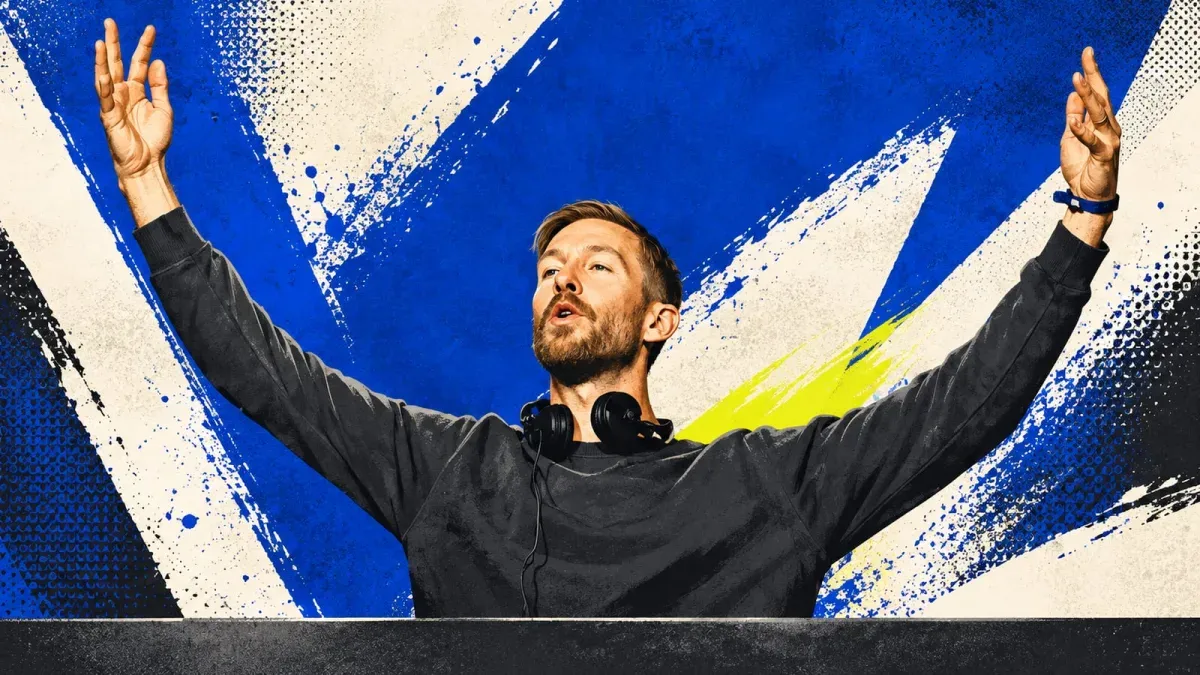 Illustration of Calvin Harris with both arms raised and headphones around his neck, against cobalt-blue and cream brush shapes