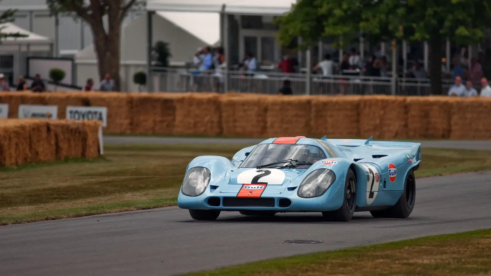 A 1970 Gulf Porsche 917 on the hillclimb at the 2019 Goodwood Festival of Speed