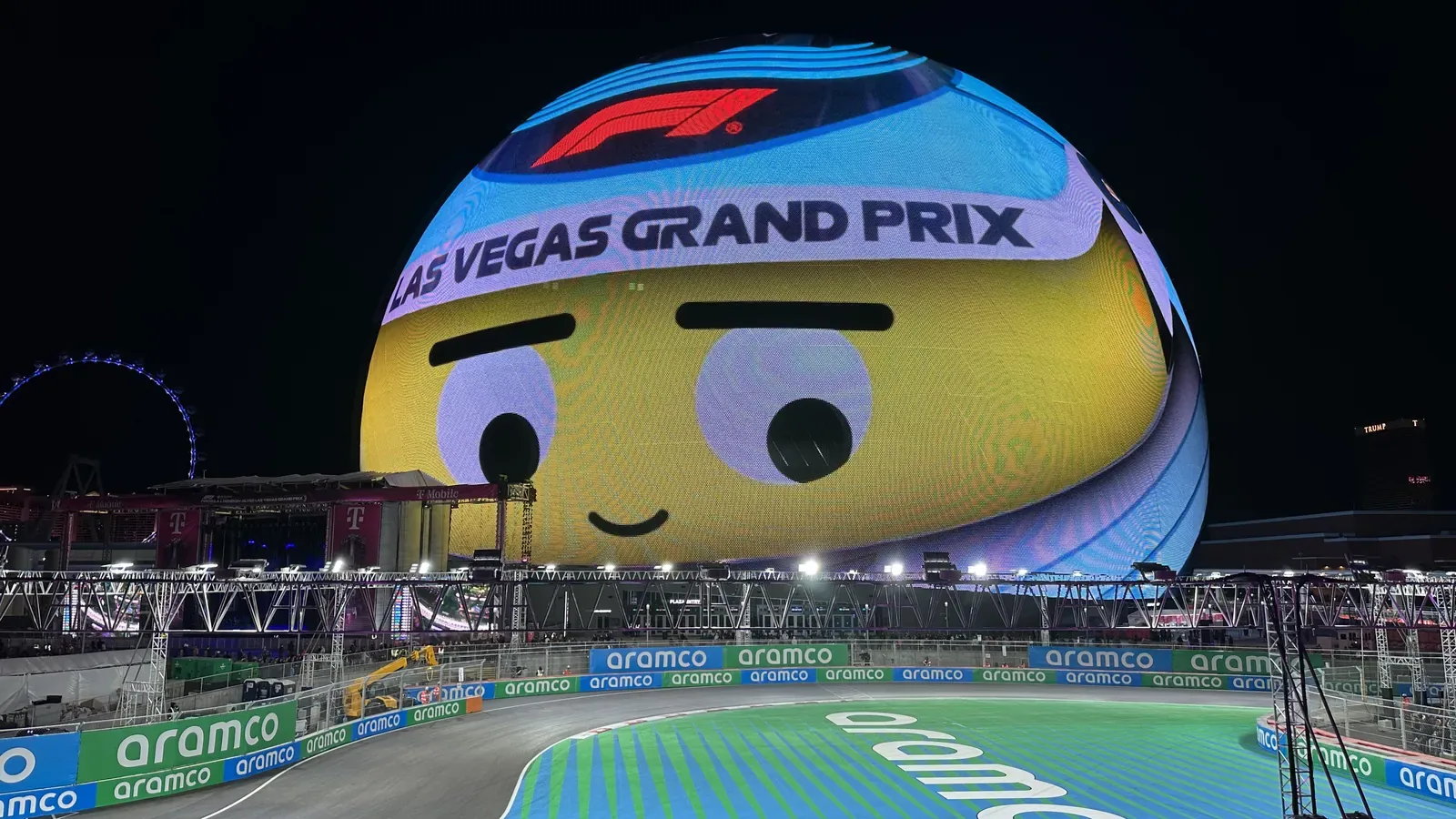 The Sphere above turns seven and eight of the Las Vegas Strip Circuit on race night at the 2024 Las Vegas Grand Prix