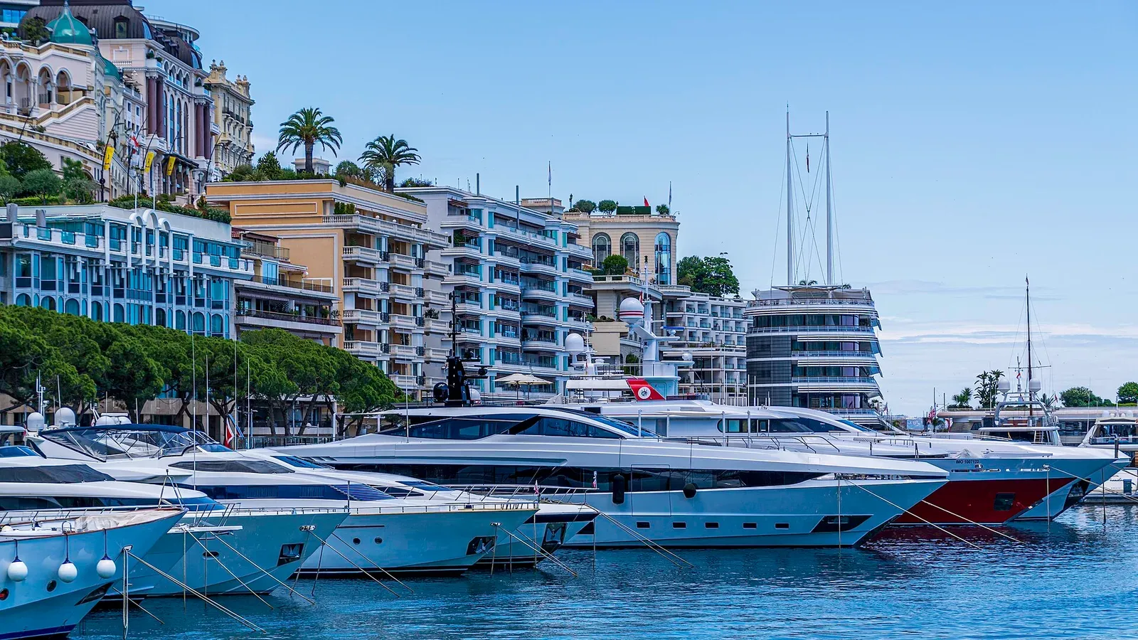 Yachts and Monaco’s waterfront at Port Hercule in July 2021, outside Monaco Classic Week