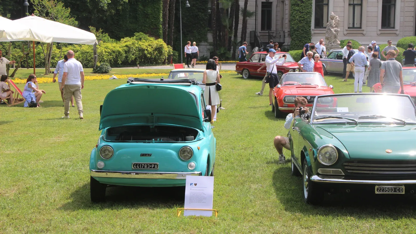 Classic cars displayed on the Villa Erba grounds in Cernobbio during the May 2022 automotive weekend