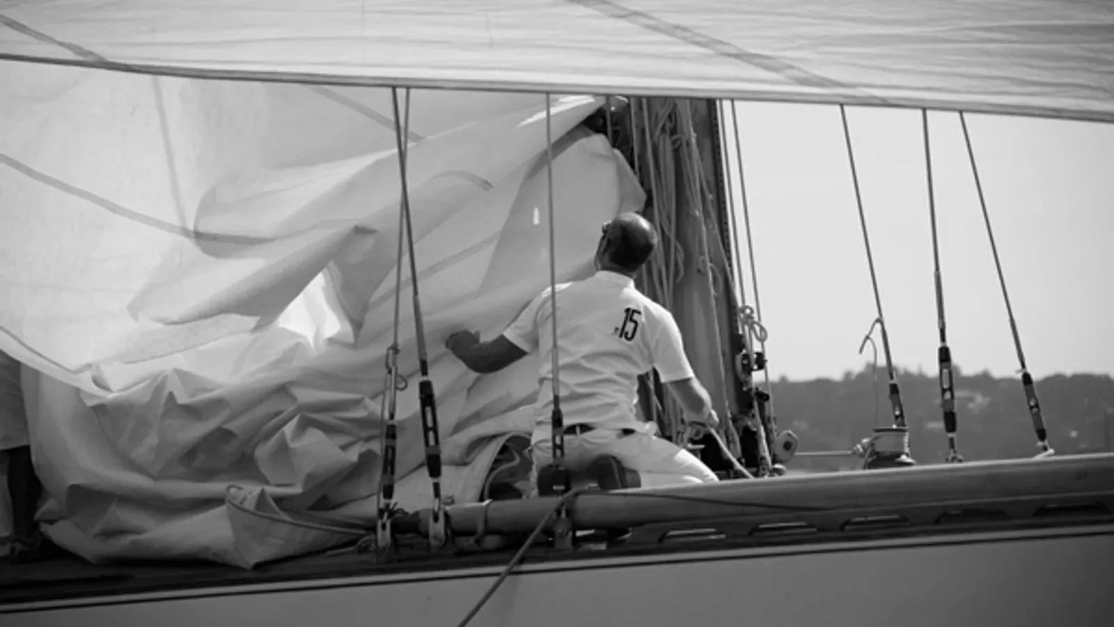 A crew aboard the traditional yacht Emilia during Les Voiles de Saint-Tropez in September 2009