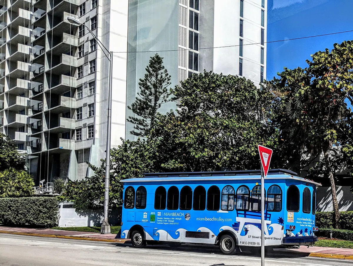 A Miami Beach trolley bus on the road
