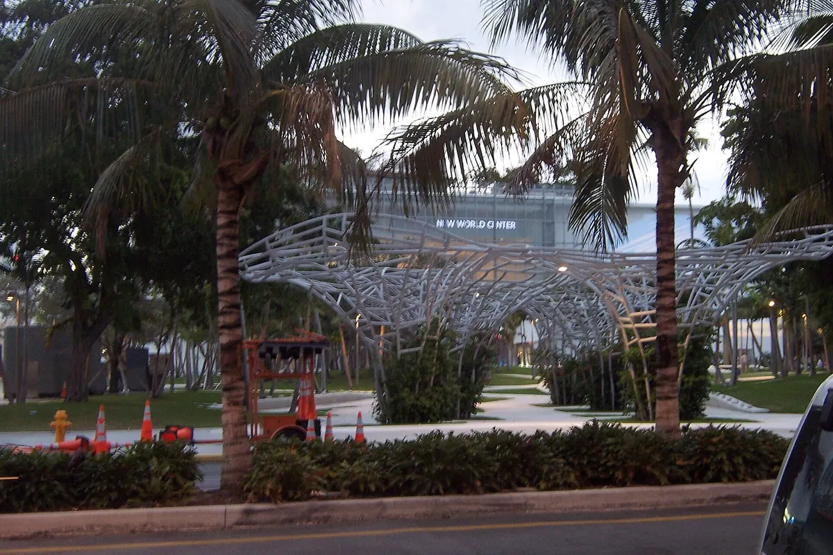 The New World Center concert hall and its park in Miami Beach at dusk