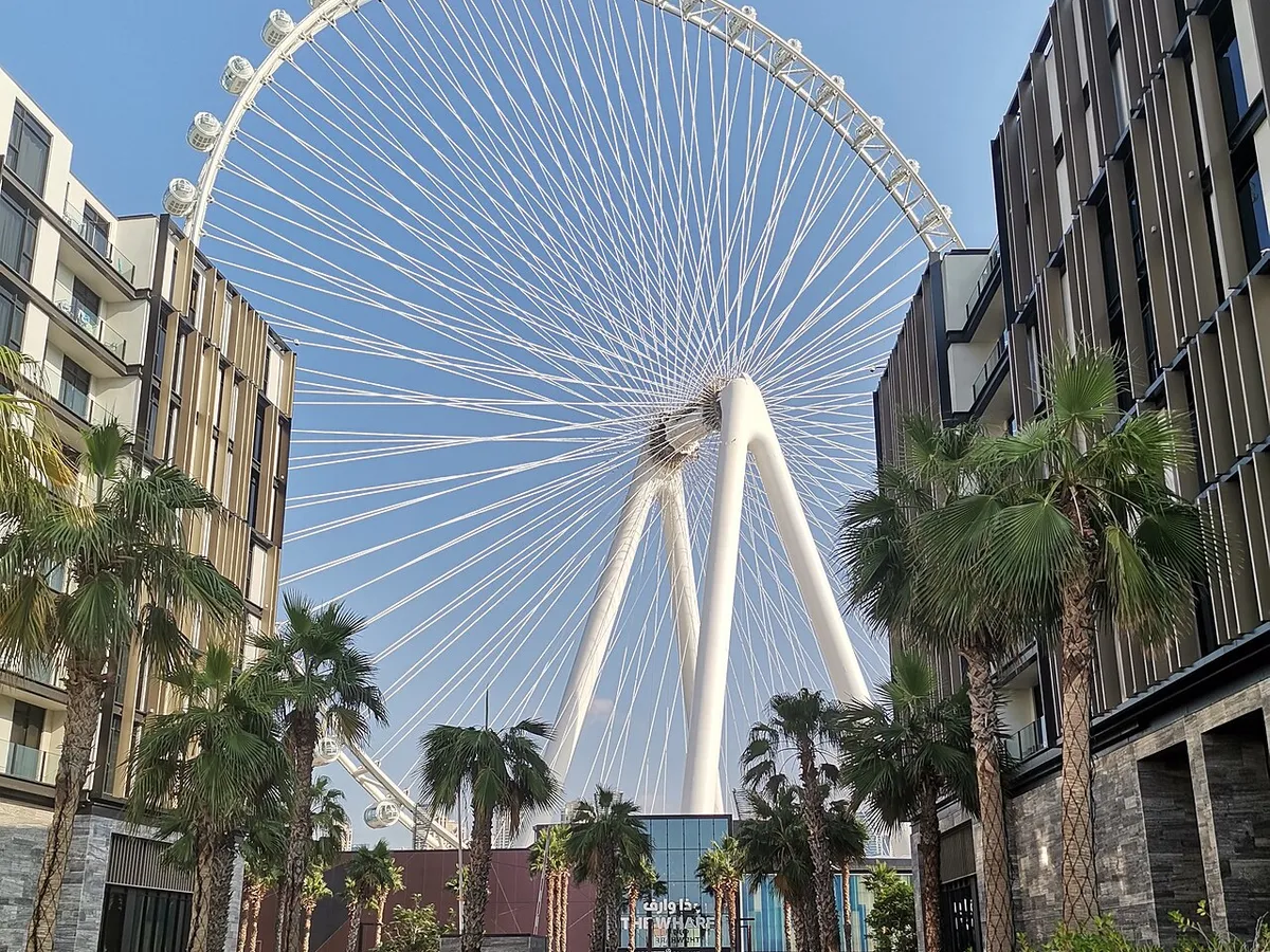 The Ain Dubai observation wheel seen between buildings and palm trees on Bluewaters Island