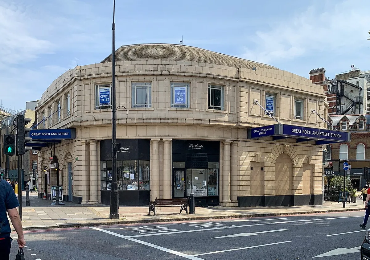 The cream curved building of Great Portland Street Underground station