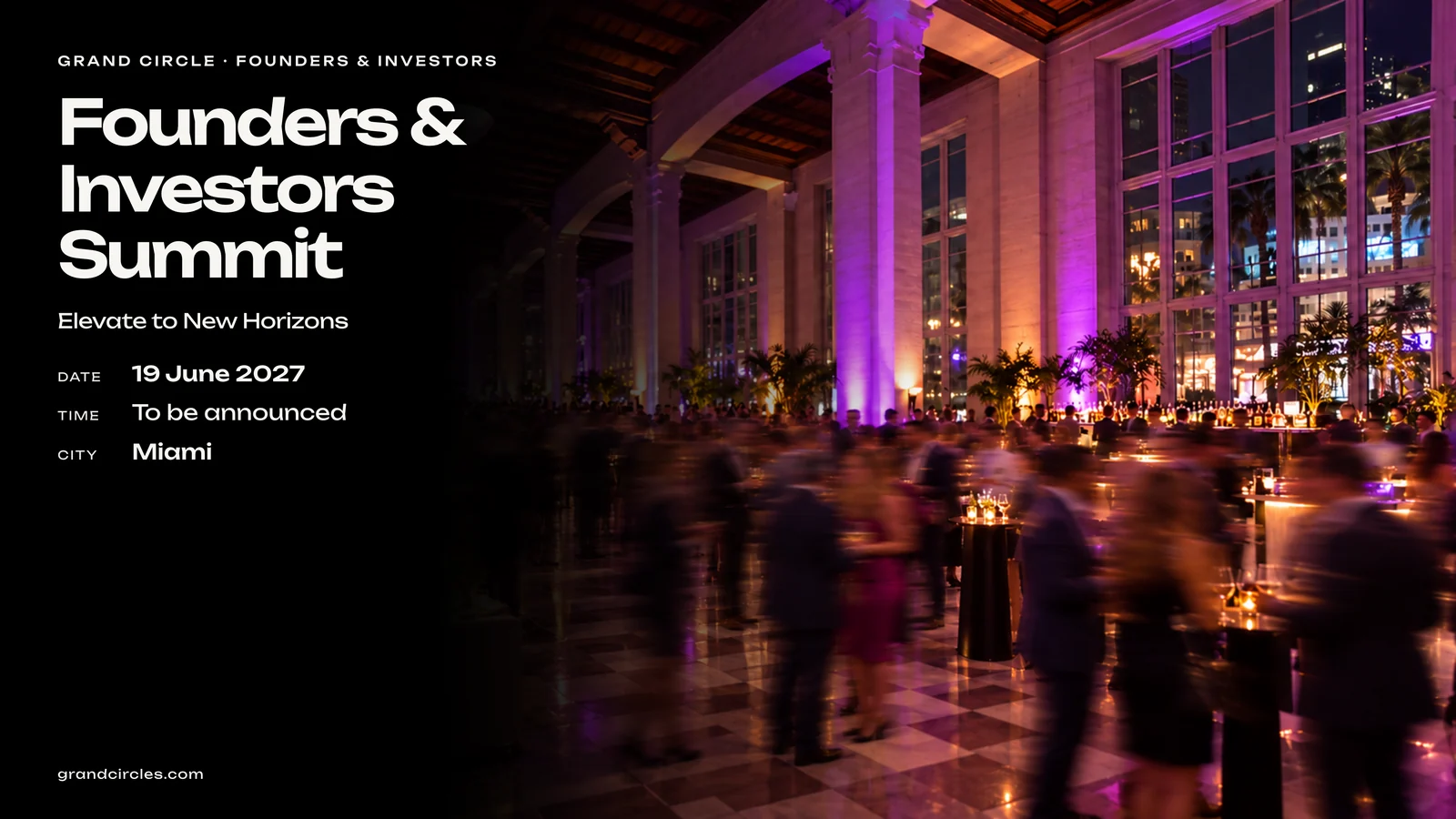 Founders and Investors Summit poster with a crowded, violet-lit hall.