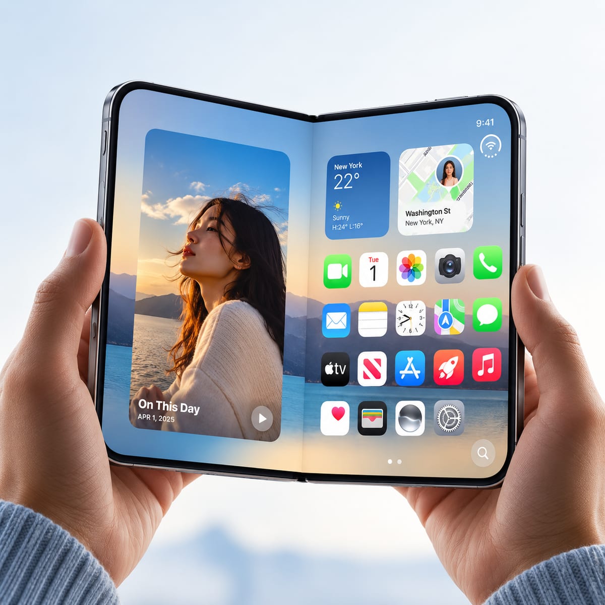 A foldable iPhone held open in two hands, showing its home screen
